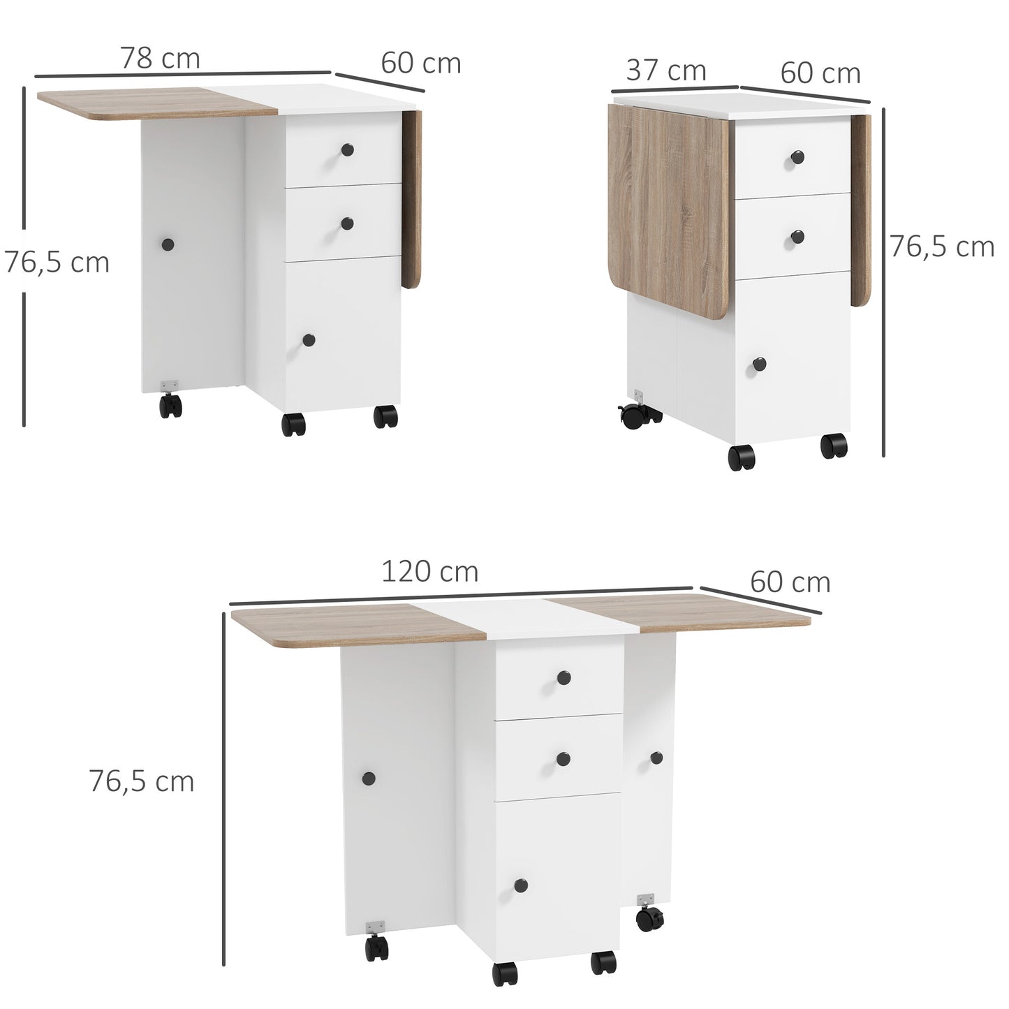 Opvouwbare Keuken- en Eettafel – Uitklapbare Tafel – Inklapbare Tafel – Verrijdbare Tafel – Ruimtebesparende Tafel – Wit – 2 Lades & Kast – Compact en Mobiel