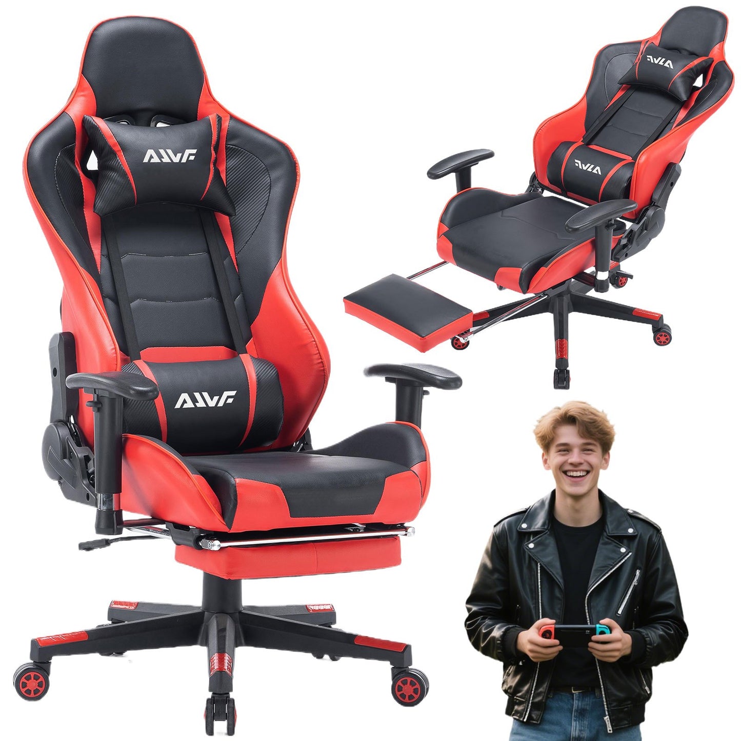 Gamestoel – Gaming Chair – Gaming Stoel – Bureaustoel – Game Stoel – Verstelbare Voetensteun – Ergonomische Rugleuning – PU Leer – Draaibaar – Met Armleuningen – Stevig Metalen Frame – Khaki/Wit