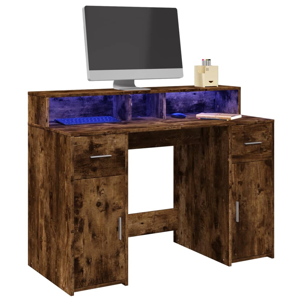 Bureau – Werkplek Meubel – Computer Bureau – Laptop Tafel – Smoked Oak Kleur – Verstelbare RGB LED-Verlichting – Stevig Verwerkt Hout 120x55x91 cm