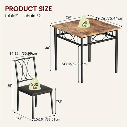 Eettafelset 2 Personen – Bistroset – Keukentafel Set – Diningset – Compact Meubel – Retro Bruin – Comfortabele Gestoffeerde Stoelen – Compact Vierkante Tafel