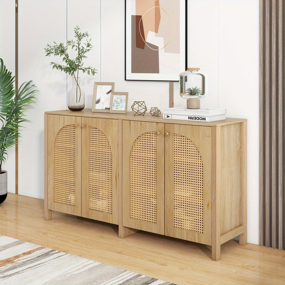 Modern Minimalist Sideboard Cabinet - White & Metallic Accents, Non-Wood Freestanding Storage with 4 Rattan Doors, Spacious 3.2+ Cu Ft Capacity for Living Room, Dining Room, Kitchen - Easy Assembly Required, Home Organization