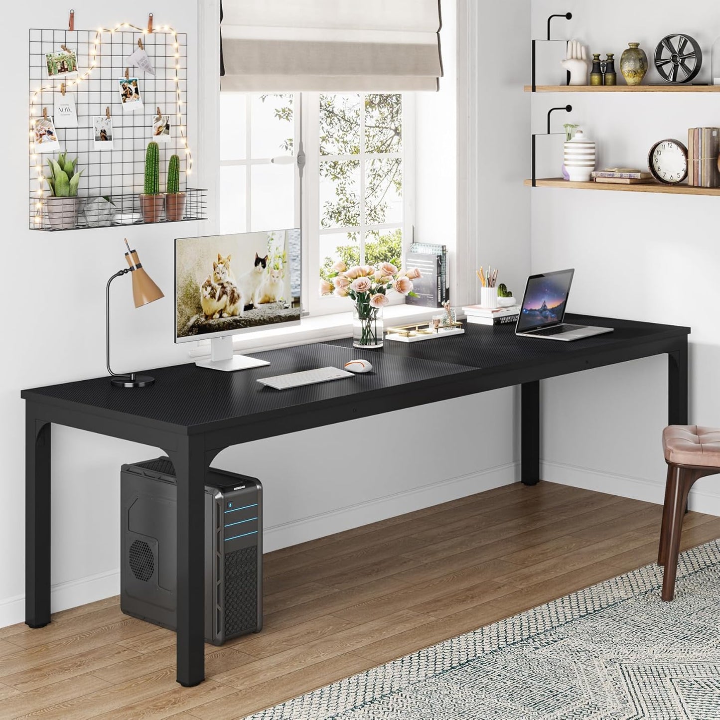 Modern Bureau – Computertafel – Werktafel – Kantoortafel – Tweepersoons Bureau – 200x70x75 cm – Robust Stalen Frame – Zwart
