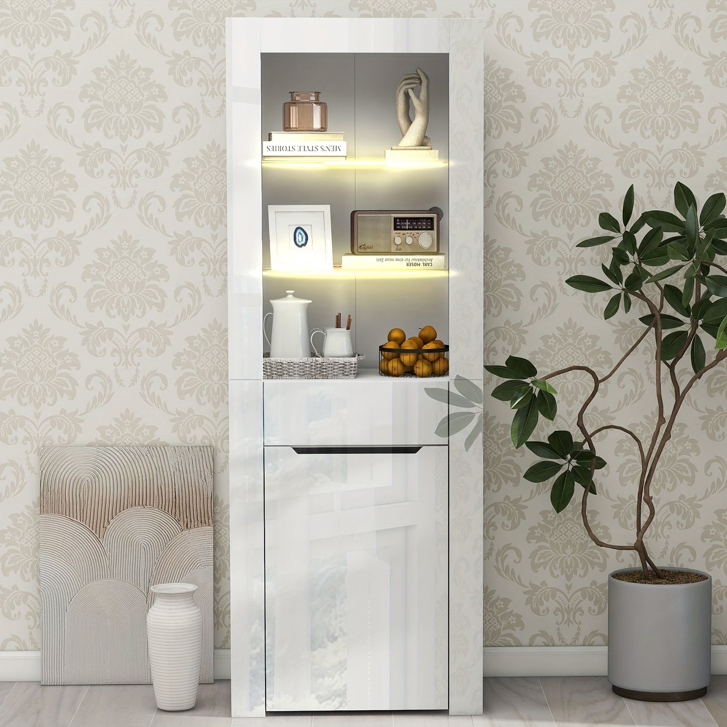 Modern White Freestanding Display Cabinet with Doors & Shelves - Heavy-Duty /Metal Frame Bookcase, 68.58cm+ Tall Storage Unit for Living Room, Kitchen, Office - No Assembly Required, Space-Saving Vertical Organizer (≥3.2 Cu