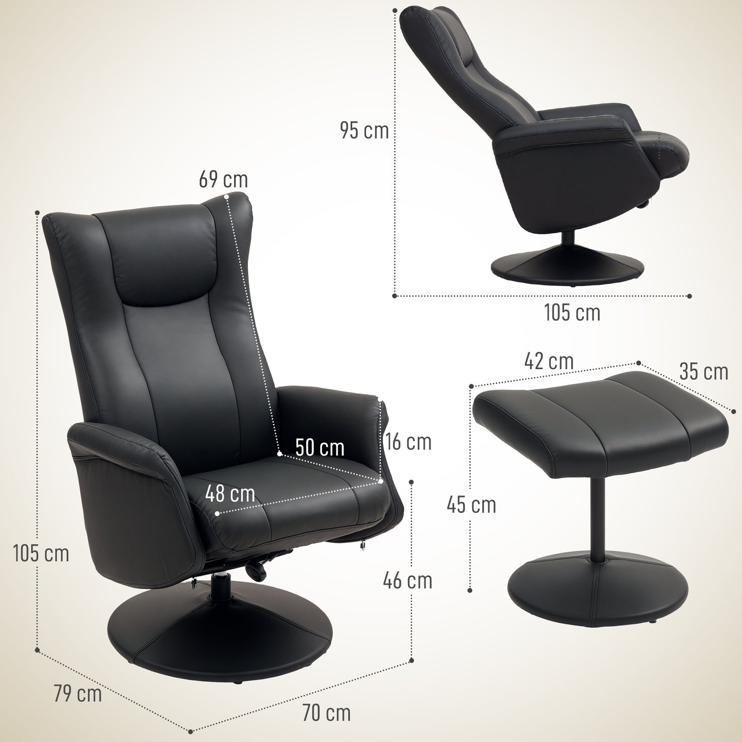 Relaxstoel – Fauteuil – TV-stoel – Draaistoel – Ligstoel – 360° Draaibaar – Verstelbare Rugleuning – Zwarte Kunstleren Bekleding – Draagkracht 150 Kg