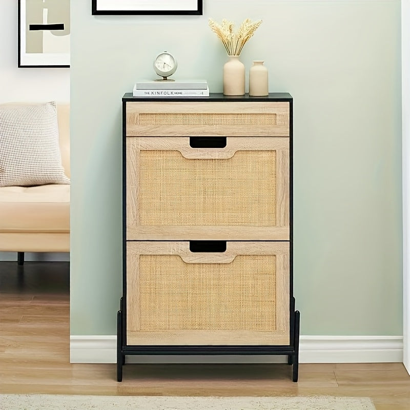 Schoenenkast – Schoenen Opberger – Schoenenkast – Schoenenschuifkast – Schoenrekken – Modern Design – Met 2 Kleppen en 4 Verstelbare Planken – Zwart – Duurzaam Hout en Metaal