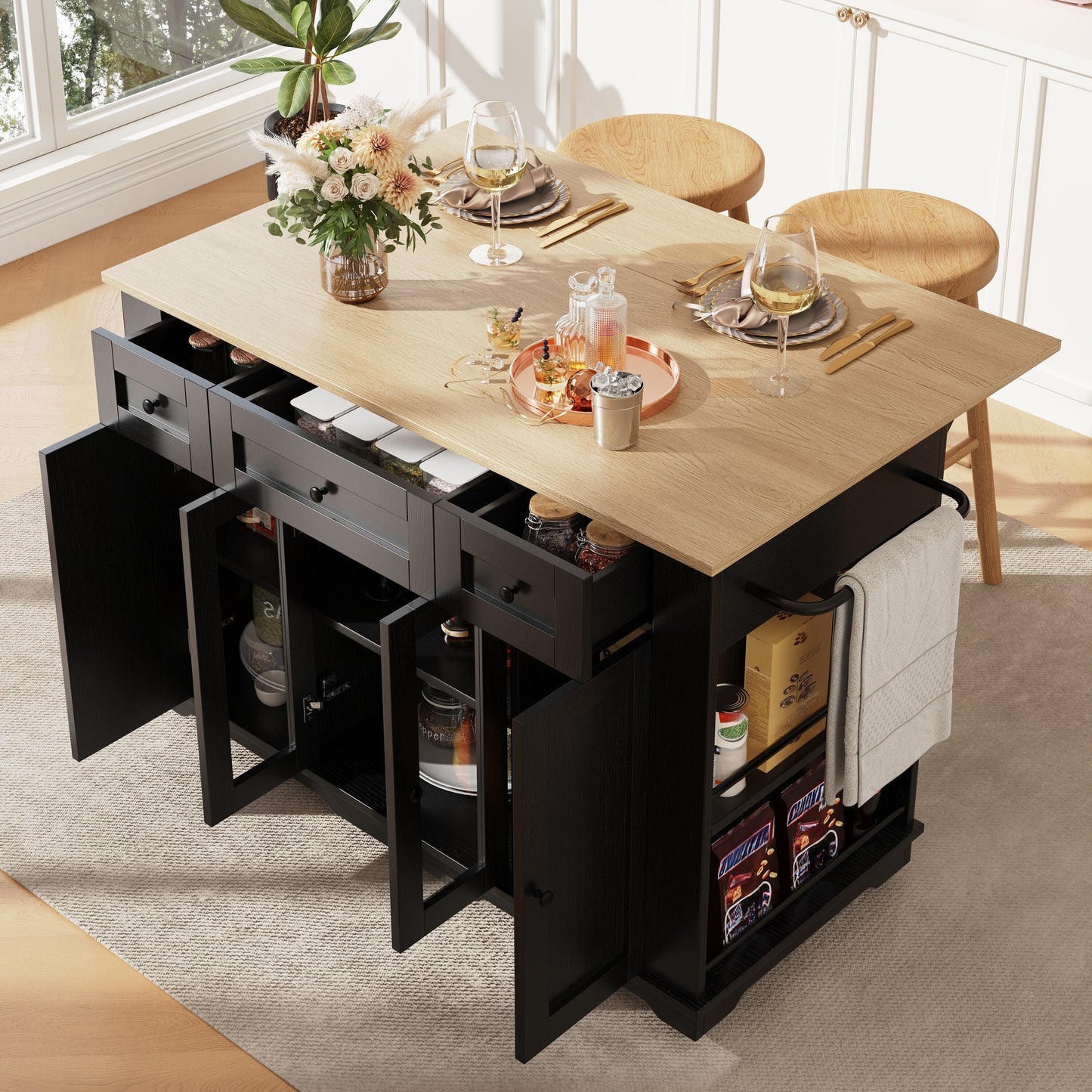 Keukentrolley – Keukenwagen – Keukenmeubel – Werkstation – Serveerwagen – Uitklapbaar Werkblad – Houtlook MDF – 106×50/78×90,5 cm – Zwart