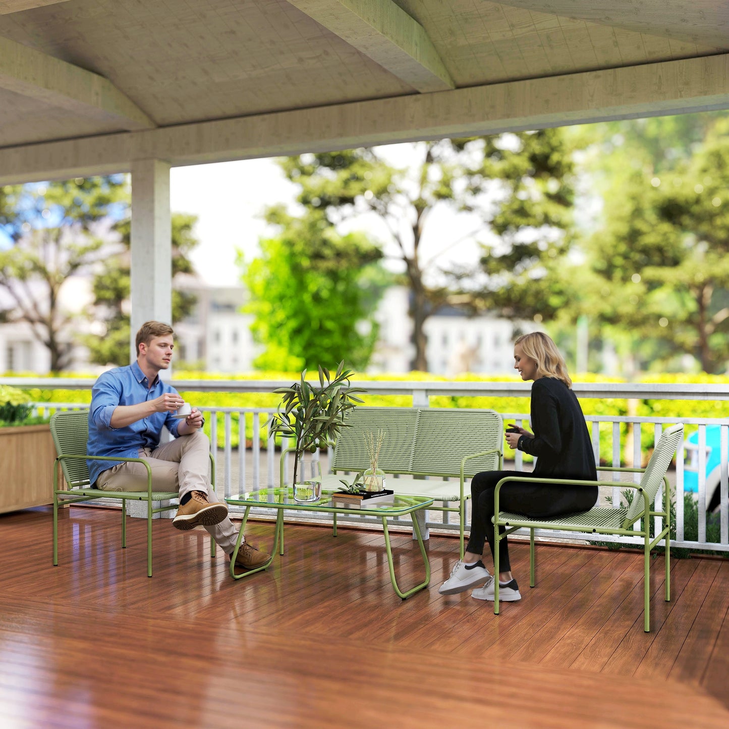 4-Persoons Loungeset Buiten – Tuinmeubels – Loungesofa – Balkonset – Terras Meubilair – Groen – Weerbestendig Gevlochten Kunststof – Temperglas Salontafel
