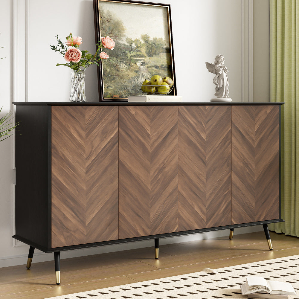 Dressoir – Opbergkast – Kast – Ladekast – Wandkast – Modern Design – Verstelbare Planken – Metalen Poot – Bruin Visgraat – Ruimtebesparend – Duurzaam