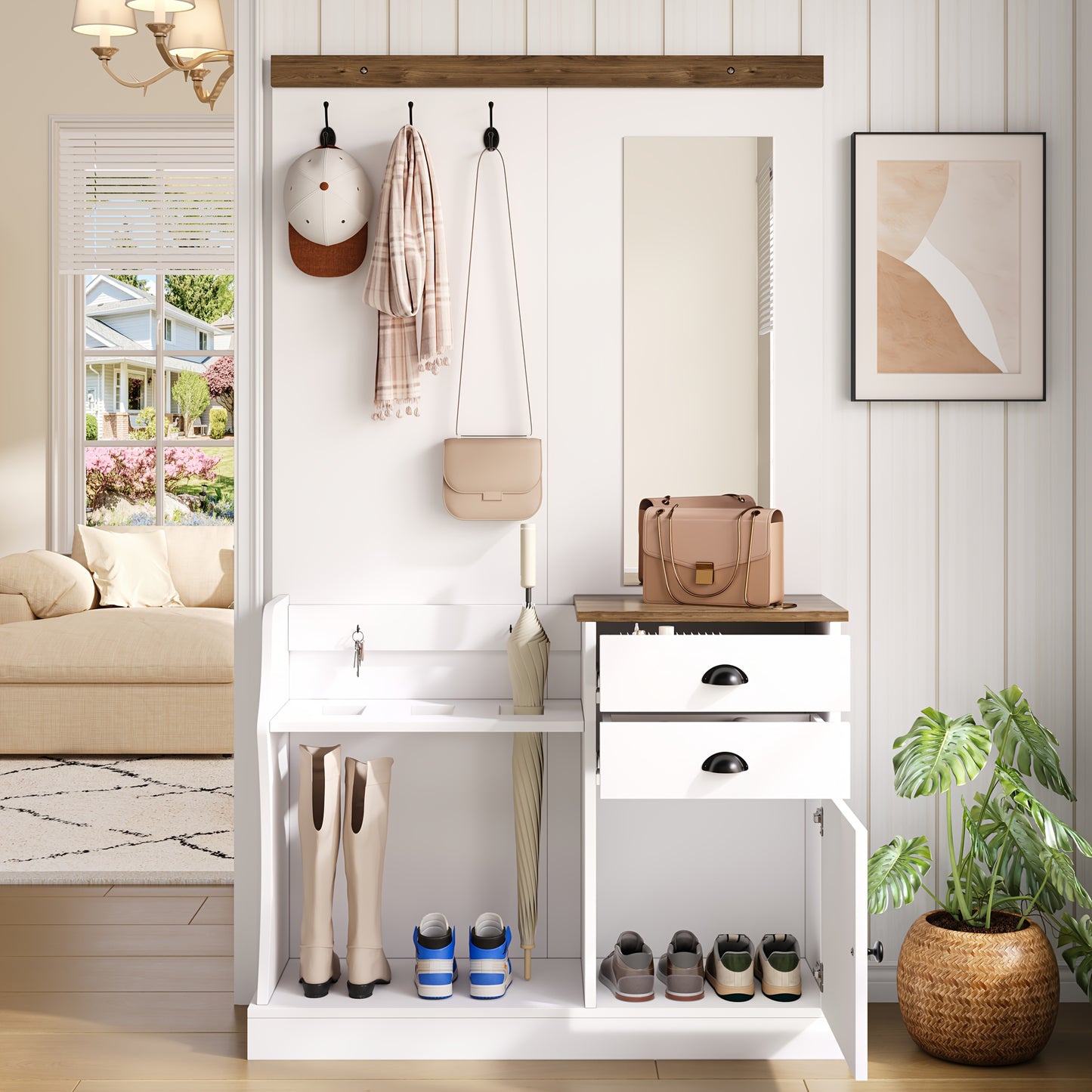 Garderoberek – Kapstok – Halrek – Schoenenrek – Spiegel – Wit Modern – Ruimtebesparend – Bamboe Materialen