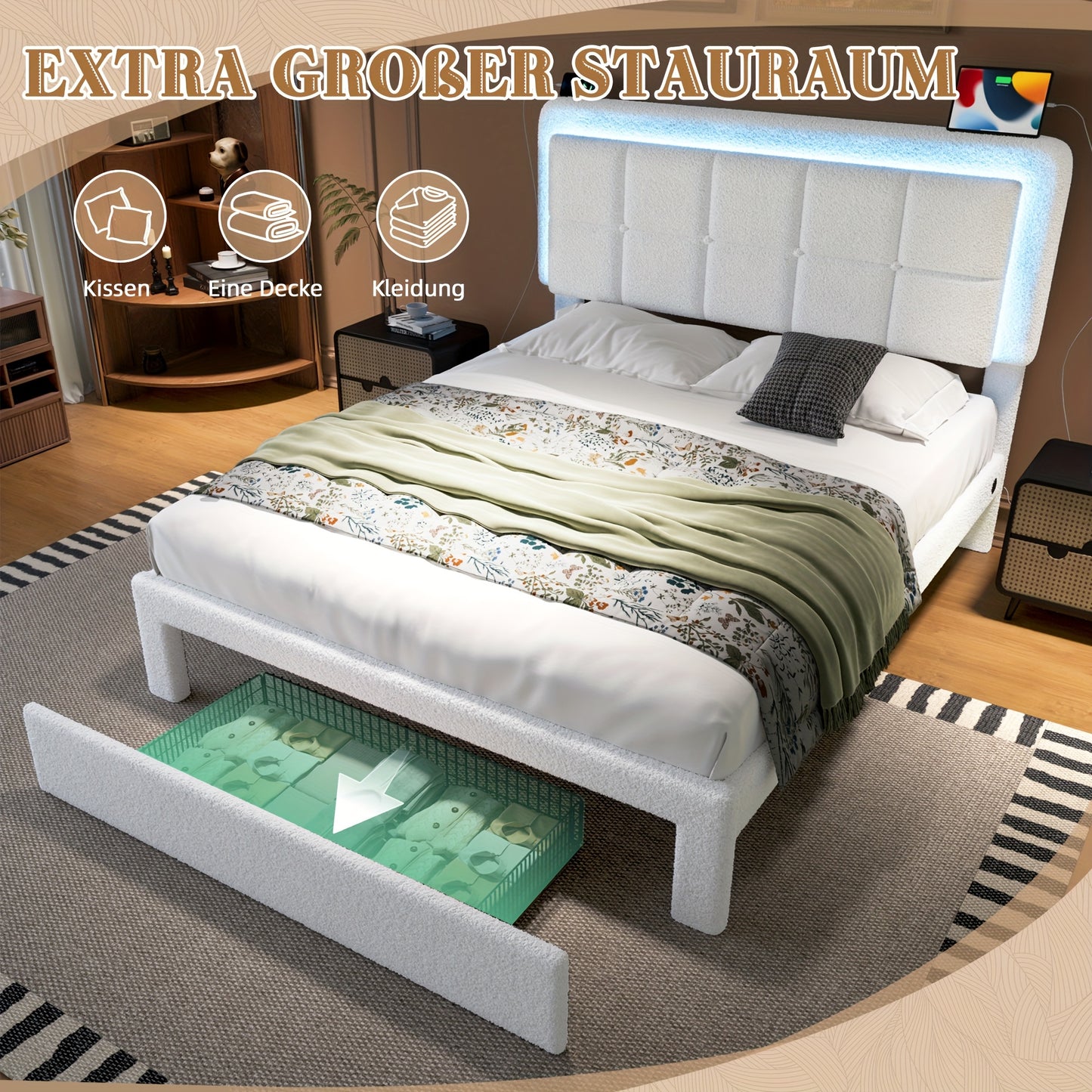 Bedframe – Bedombouw – Tweepersoonsbed – Metalen Bed – Gestoffeerd Bed – Velourse Bekleding – Verstelbaar Hoofdbord – 160x200 cm – Stevige Constructie