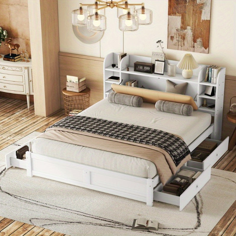 Hoofdbord Bed – Bedpaneel – Bedframe – Opbergbed – Bedombouw – 180x200cm – Vier Laden – Meerdere Opbergvakken – Wit – Opvouwbaar