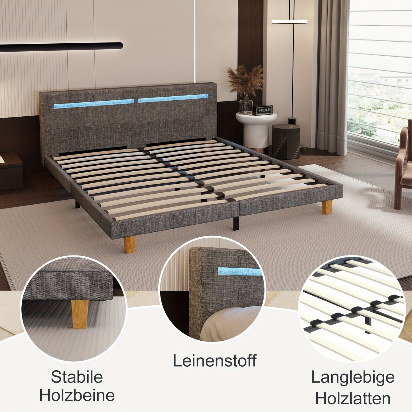 Bedframe – Tweepersoonsbed – Stalen Frame – Houten Lattenbodem – Gestoffeerd Bed – 140x200 cm – Stevig Tot 360 kg – Donkergrijze Katoen Schuimvulling