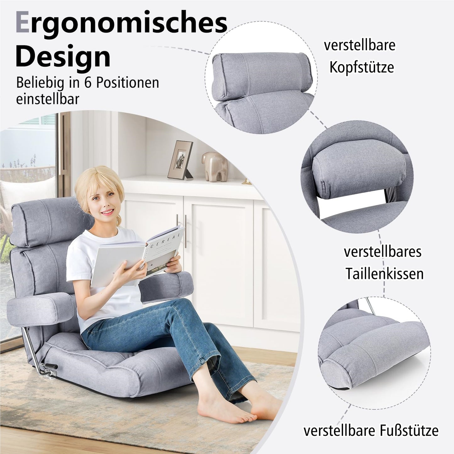 Zitzak – Vloerstoel – Beanbag – Loungestoel – Fauteuil – Verstelbare Rugleuning – Ergonomische Ondersteuning – Grijs