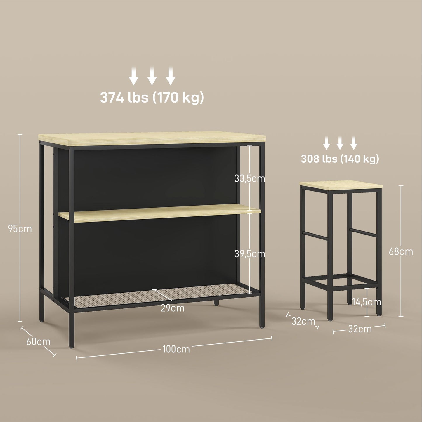 Industrieel Barmeubel – Barset – Bartafel – Barstoel – Barkruk – Compact 100x60x95 cm – Zwart Metalen Frame & Houtlook