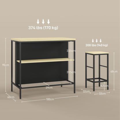 Industrieel Barmeubel – Barset – Bartafel – Barstoel – Barkruk – Compact 100x60x95 cm – Zwart Metalen Frame & Houtlook