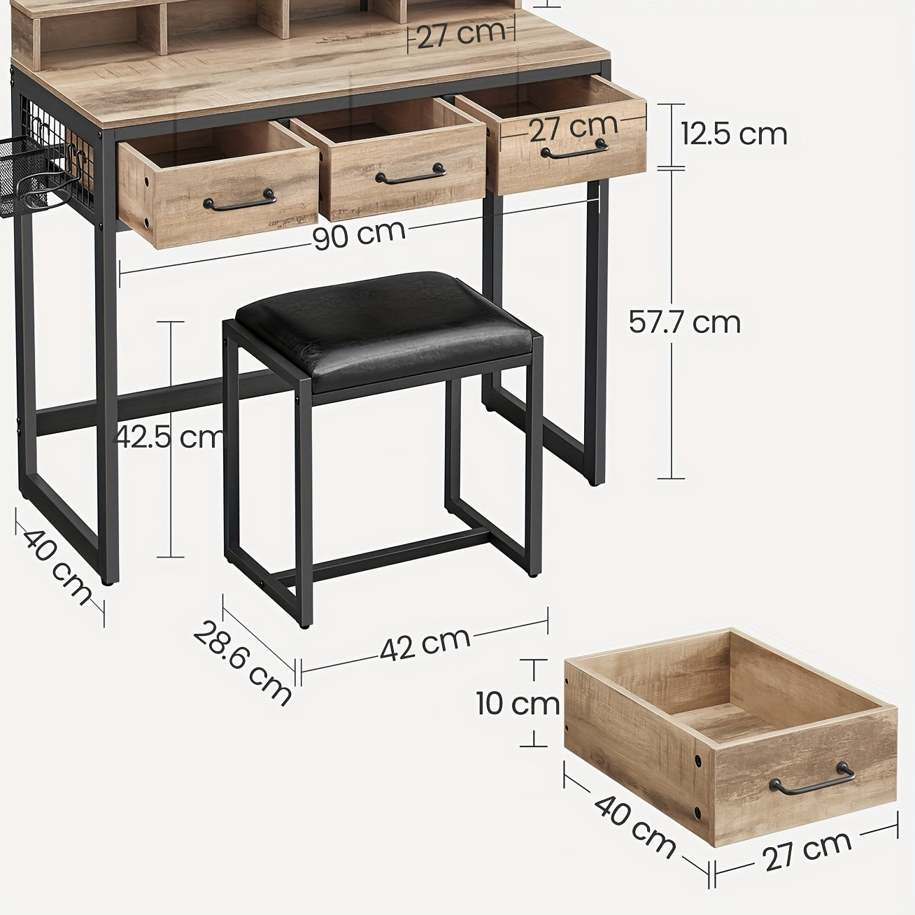 Kaptafel – Make-up Tafel – Cosmetische Tafel – Opmaaktafel – Visagie Tafel – Donker Hout & Zwarte Poten – 3 Laden en Driedelige Spiegel – Ingebouwde Haardrogerhouder – Met Krukje – Ruimtebesparend Design - QUORE