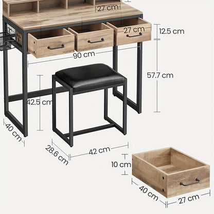 Kaptafel – Make-up Tafel – Cosmetische Tafel – Opmaaktafel – Visagie Tafel – Donker Hout & Zwarte Poten – 3 Laden en Driedelige Spiegel – Ingebouwde Haardrogerhouder – Met Krukje – Ruimtebesparend Design - QUORE