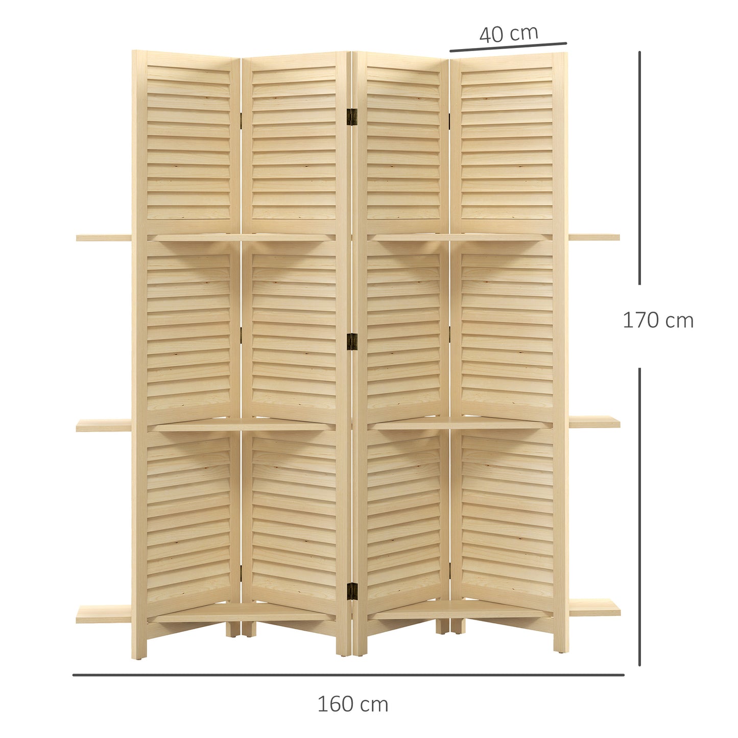 Kamerscherm – Roomdivider – Scheidingswand – Paravent – Kamerverdeler – 4 Panelen – Paulownia Hout – 3 Planken – Inklapbaar – Natuurlijke Houtkleur