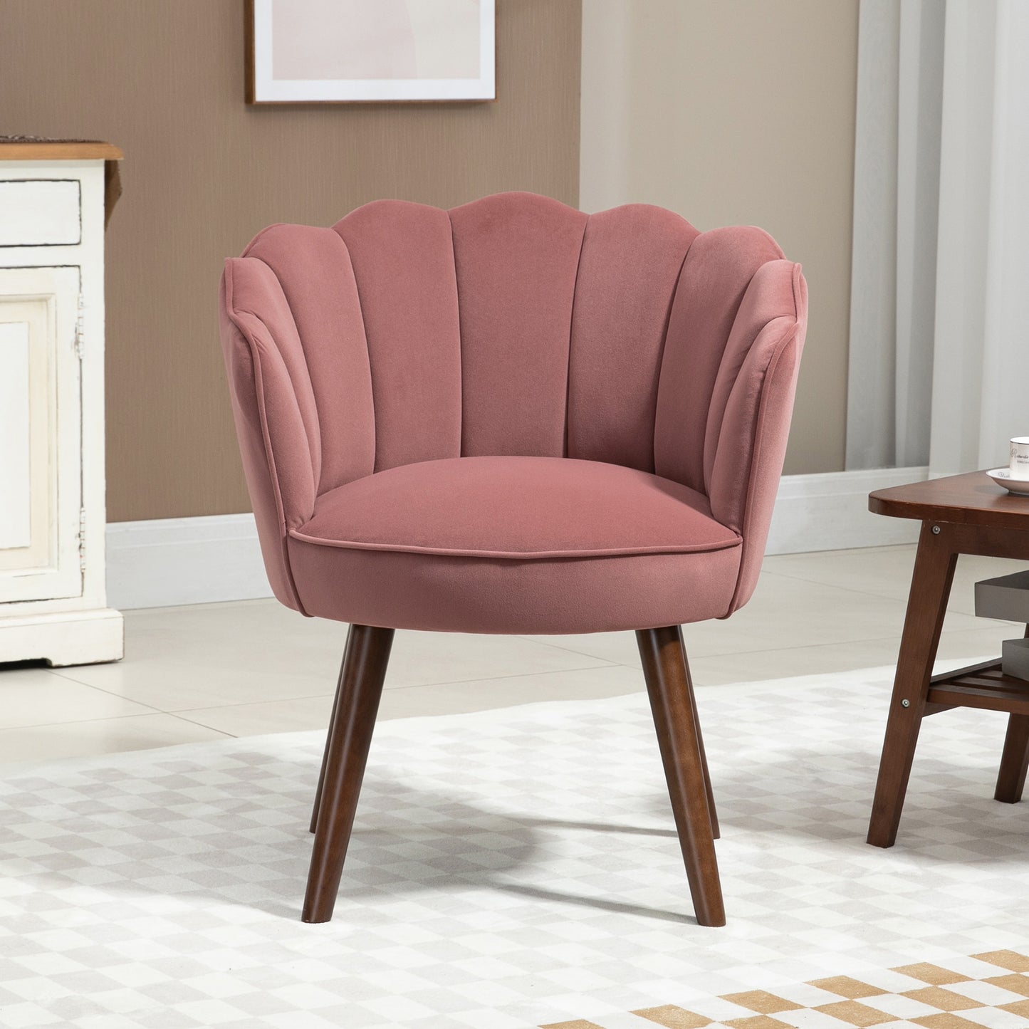 Fauteuil – Loungestoel – Relaxstoel – Leunstoel – Schelpvormige Lounge Chair – Roze Velvet Bekleding – Houten Poten – Compact Design