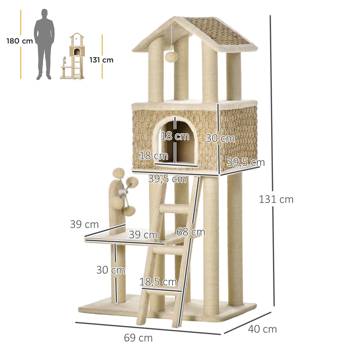 Krabpaal – Kattenboom – Kattenhuis – Krabmeubel – Krabton – Sisal Krabmateriaal – 69x40x131 cm – Crème/Kaki