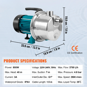 Ondiepe putpomp - Rioolpomp - Tuin waterstraalpomp - 800W - 2900 TPM - 3700L/u Debiet - voor irrigatie, wateroverdracht, huishoudelijk - QUORE