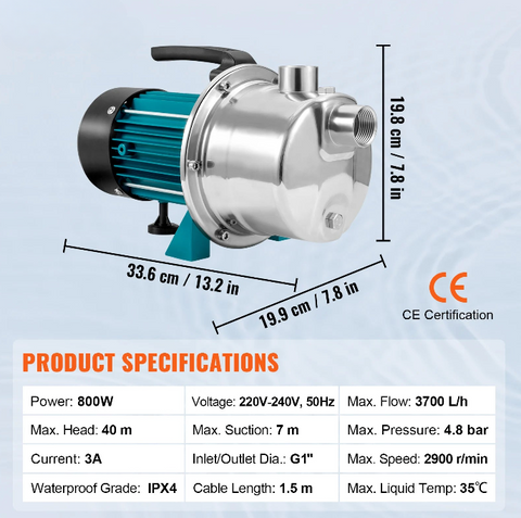 Ondiepe putpomp - Rioolpomp - Tuin waterstraalpomp - 800W - 2900 TPM - 3700L/u Debiet - voor irrigatie, wateroverdracht, huishoudelijk - QUORE