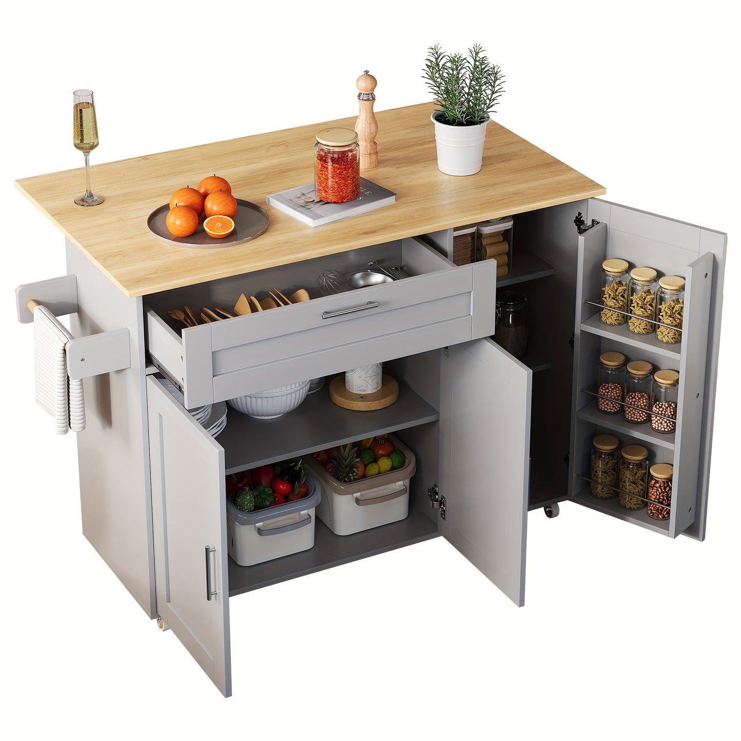 Large Mobile Kitchen Table with Foldable Countertop - Heavy-Duty Metal Construction, Space-Saving Design, 5 Casters for Easy Mobility, Modern Kitchen Island or Dining Table with Cabinet & Spice Rack - Ideal for Small Kitchens