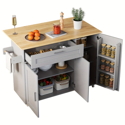Large Mobile Kitchen Table with Foldable Countertop - Heavy-Duty Metal Construction, Space-Saving Design, 5 Casters for Easy Mobility, Modern Kitchen Island or Dining Table with Cabinet & Spice Rack - Ideal for Small Kitchens