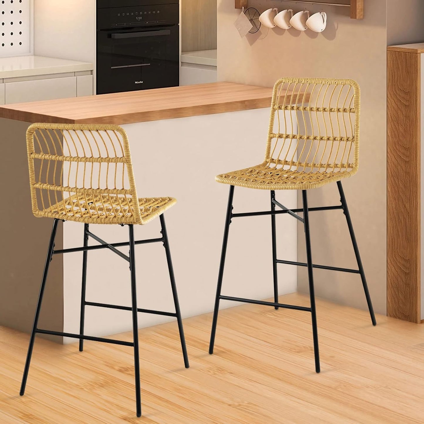 Barkrukken – Barstoelen – Keukenstoelen – Barstoelen Met Rugleuning – Barkrukken Met Voetensteun – Geel PE Rattan – Met Stabiel Metaal Frame – Zithoogte 69 cm