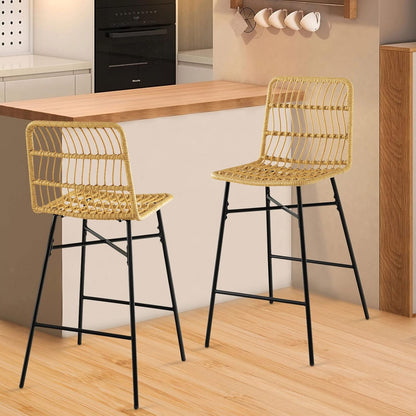 Barkrukken – Barstoelen – Keukenstoelen – Barstoelen Met Rugleuning – Barkrukken Met Voetensteun – Geel PE Rattan – Met Stabiel Metaal Frame – Zithoogte 69 cm