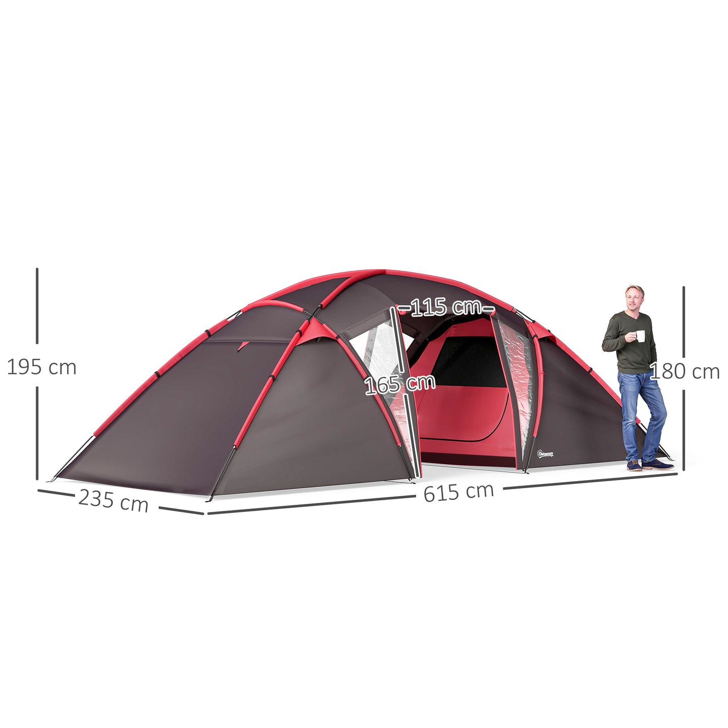 Tunneltent – Campingtent – Familietent – Kampeertent – Outdoor Tent – Voor 4-6 Personen – Drie Aparte Kamers – Dubbelen Deuren – Lichtgrijs