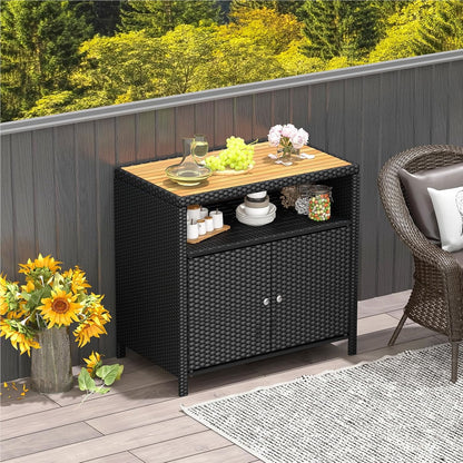 Tuinkast Rattan Kast Buitenberging Opbergkast Tuinmeubel – Zwart – 90x53x86 cm – Acaciahouten Werkblad – Weerbestendig Metalen Frame