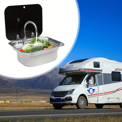 Wasbak – Spoelbak – Wastafel – Afwasbak – Roestvrij Stalen Camper Spoelbak – Compact Formaat – Temperglas Deksel