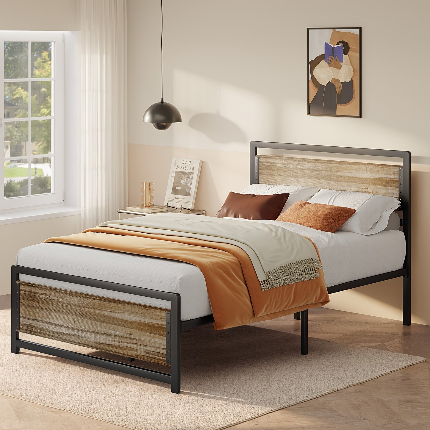 Bedframe – Platformbed – Eenpersoonsbed – Tweepersoonsbed – Industrieel Bed – Retro Bruin – 120x200 cm – Metaal & Hout – 35 cm Opbergruimte Onder Bed