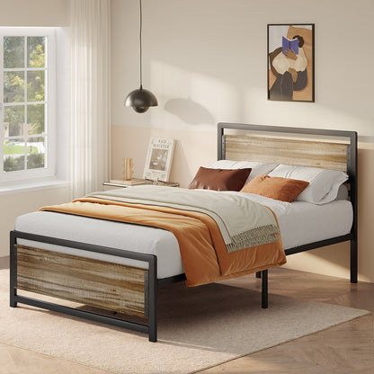 Bedframe – Platformbed – Eenpersoonsbed – Tweepersoonsbed – Industrieel Bed – Retro Bruin – 120x200 cm – Metaal & Hout – 35 cm Opbergruimte Onder Bed