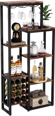 Wine cabinet - Wine rack - Beverage cabinet - Cupboard - Wine glass holders - Bottle holders - Industrial - Wood and metal - Brown/Black - 175x80x30cm