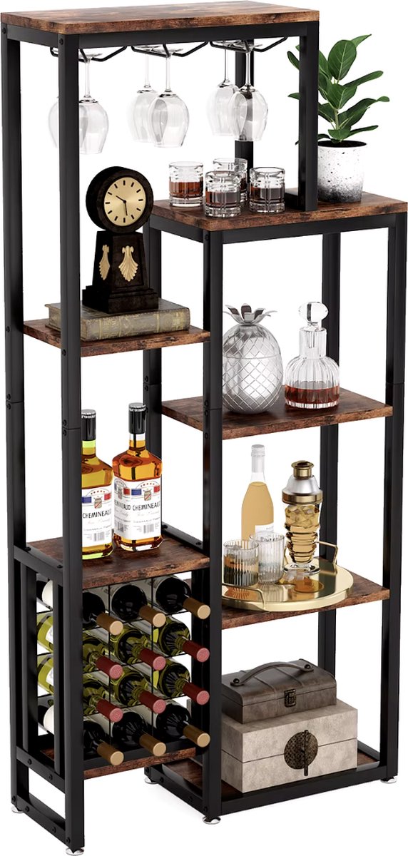 Wine cabinet - Wine rack - Beverage cabinet - Cupboard - Wine glass holders - Bottle holders - Industrial - Wood and metal - Brown/Black - 175x80x30cm