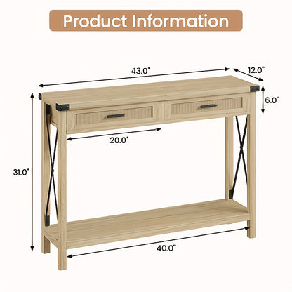 Bijzettafel – Side Table – Nachtkastje – Telefoonmeubel – Opbergkastje – Vintage Uitstraling – Massief Eiken Afwerking – Compact Onder 68,5 cm – Rieten Deuren