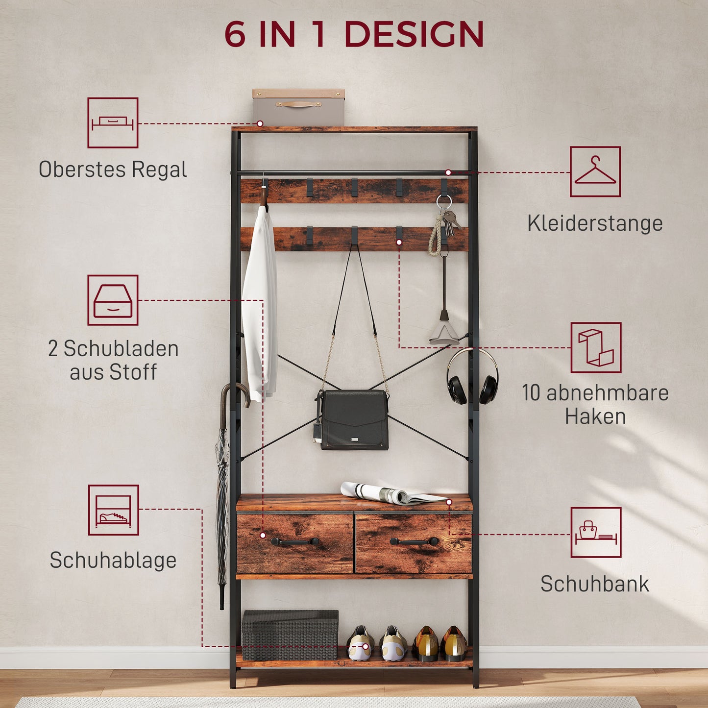 Kapstok – Kledingrek – Schoenenrek – Opbergmeubel – Halmeubel – Rustiek Bruin – 10 Metalen Haken – Comfortabel Zitbankje