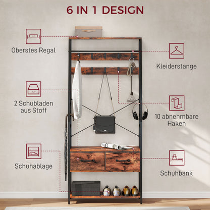 Kapstok – Kledingrek – Schoenenrek – Opbergmeubel – Halmeubel – Rustiek Bruin – 10 Metalen Haken – Comfortabel Zitbankje