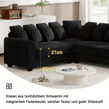 Hoekbank L-Vorm – Hoekbank Modulair – Loungebank – Sectiebank – Zwarte Corduroy Stoffering – Plush Schuim Kussens – Multifunctioneel Design