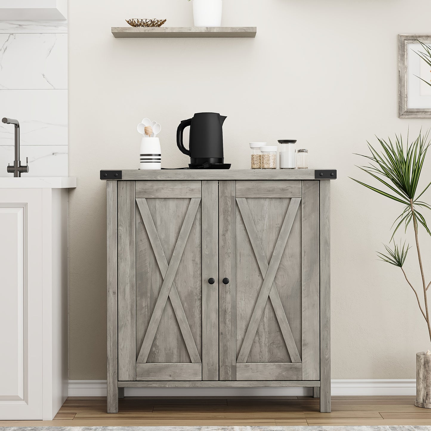 Buffetkast – Buffetkastje – Dressoir – Opbergkast – Kastje – Grijs – Massief Hout & Metaal – Verstelbare Plank – Vrijstaand – Industrieel Vintage Design