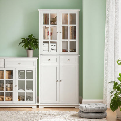 Dressoir – Buffetkast – Opbergkast – Ladekast – Commode – 75x40x175 cm – Wit MDF met Glas – Anti-Kantel Veiligheidsysteem