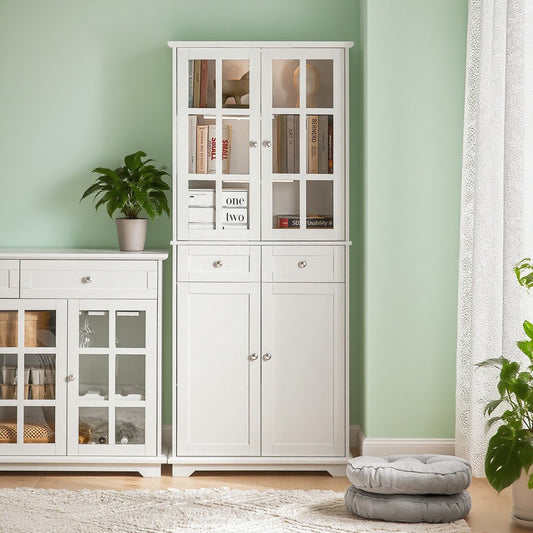 Dressoir – Buffetkast – Opbergkast – Ladekast – Commode – 75x40x175 cm – Wit MDF met Glas – Anti-Kantel Veiligheidsysteem