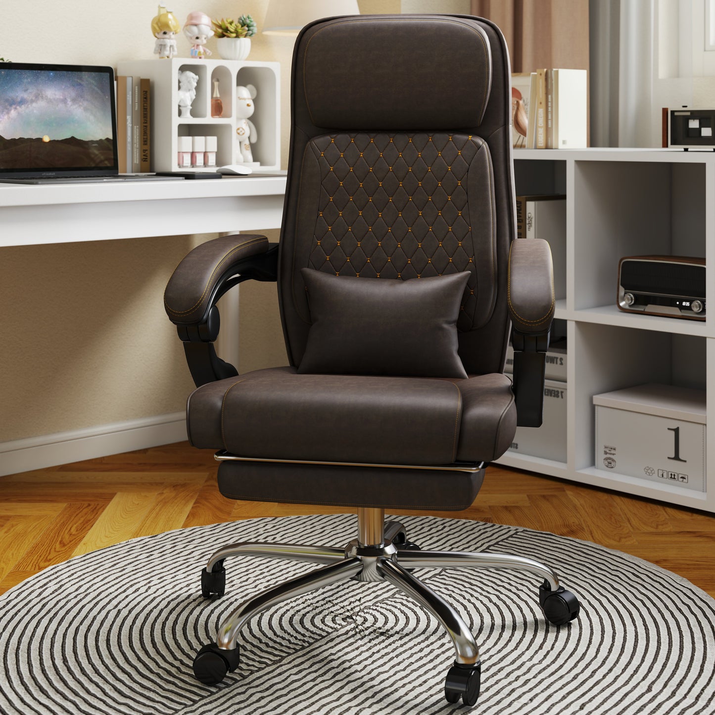 Bureaustoel – Bureaustoelen – Gamestoel – Office Chair – Computerstoel – Ergonomisch Design – Verstelbare Zithoogte – Met Voetensteun – PU Leren Bekleding – Met Metalen Frame – Bruin