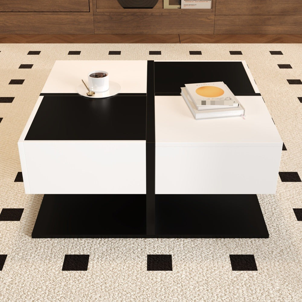 Salontafel – Woonkamer Tafel – Koffietafel – Bijzettafel – Tafel – Zwart-Wit – 70×80 cm – Vierkant – 2 Opberglades Met Soft-Close – Duurzame Stevige Constructie