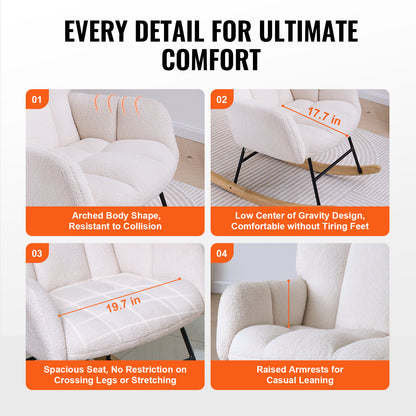 Schommelstoel – Schommelstoel Voor Babykamer – Wiegstoel – Relaxstoel – Nursing Chair – Zacht Teddy-Stof – Stevig Rubberhout Frame – Ivoor Wit