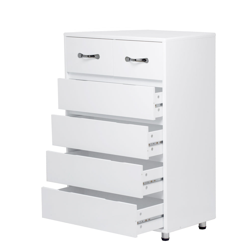6-Drawer White Modern Minimalist Side Table with Black-Tipped Latches - Heavy-Duty Non-Wood, Easy Assembly, Compact Multi-Drawer Organizer for Bedroom,, Office - Durable White Furniture