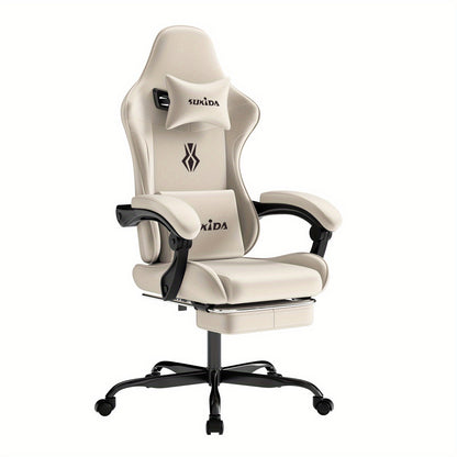 Gamingstoel – Bureaustoel – Gamestoel – Werkstoel – Bureauzetel – Ergonomisch Design – Memory Foam Zitting – Beige Kleur – Met Voetensteun