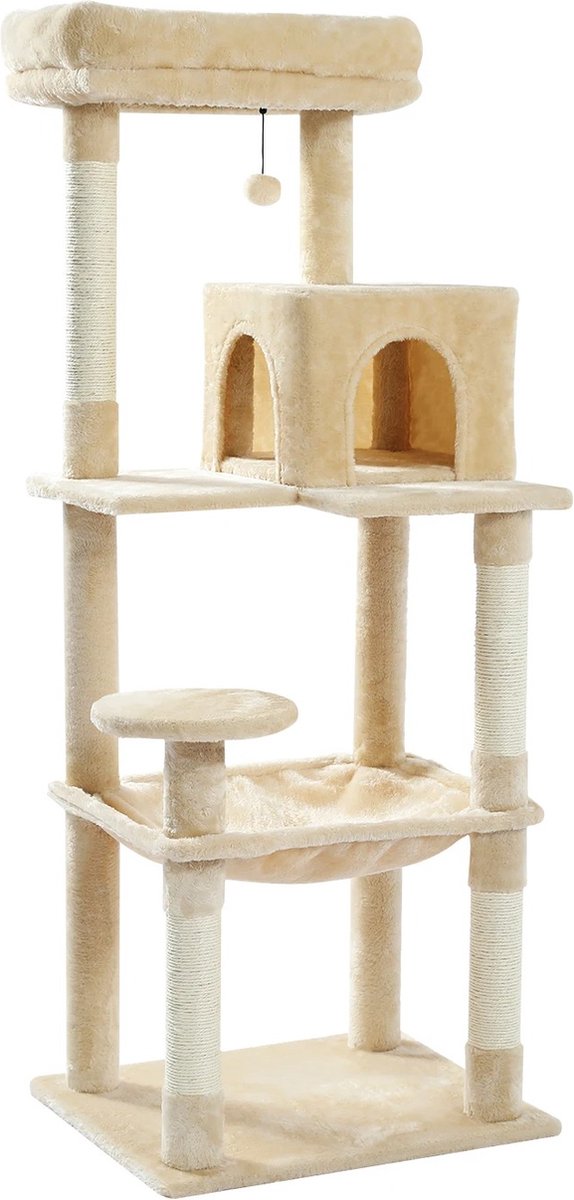 Luxe Kattenboom met Krabpaal - Kattenspeeltoestel - Kattenaccessoires - Huisdierspeelgoed - Groot - 45x55x143cm - Hout - 12,3kg - Beige